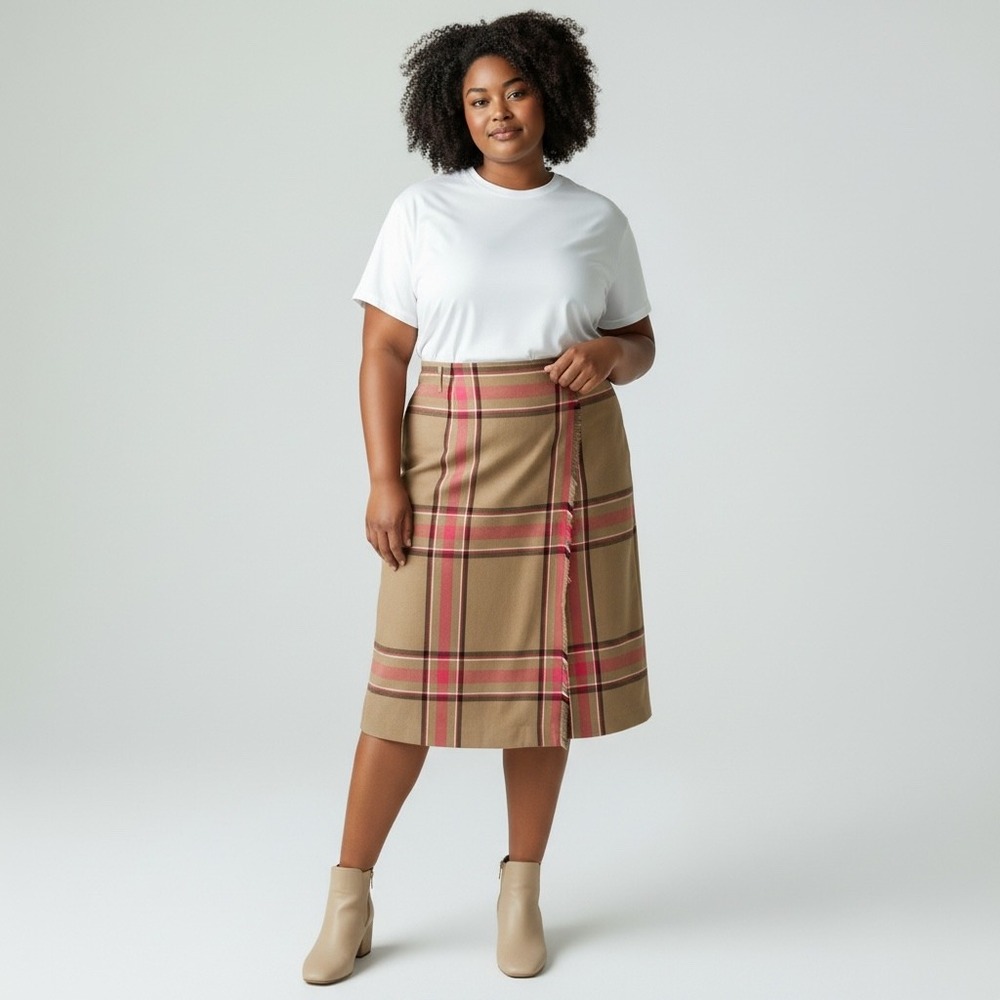 Evan-Picone‎ Woman Vintage Tan Plaid Faux Wrap Midi Skirt Size 18W Plus Size